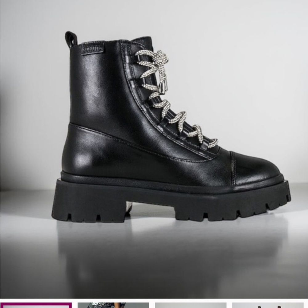 SCHUTZ Black Combat Moto Boots with Rhinestone/ Crystal Laces Size 7.5
